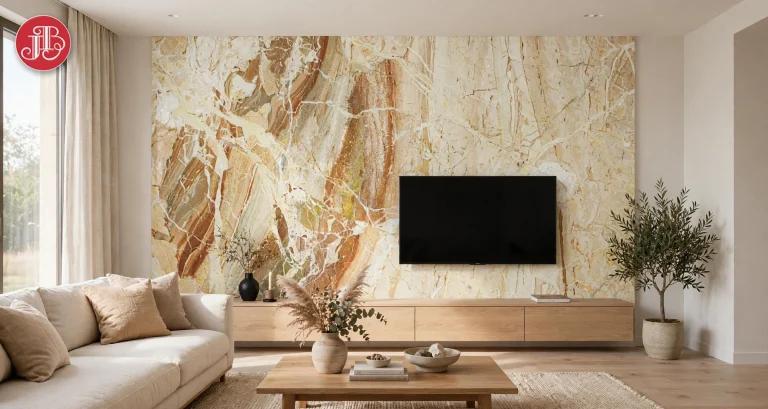 Breccia Aurora marble feature wall with TV unit in a luxury living room