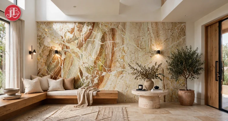 Breccia Aurora marble feature wall in a double-height entrance with built-in wooden bench seating and wall lights