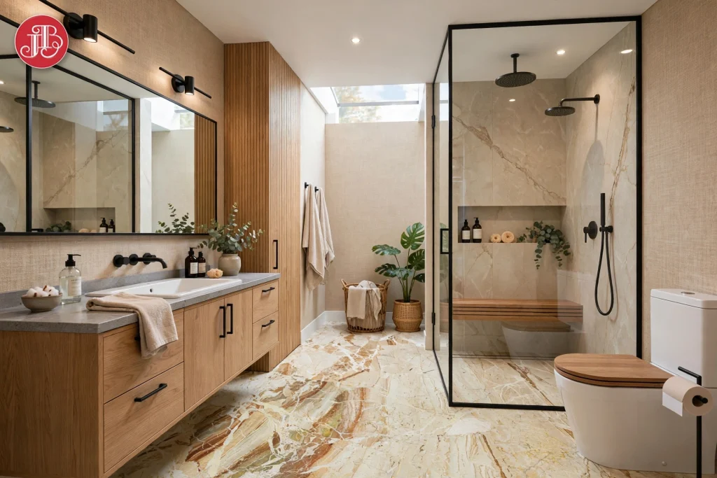 Wide-angle bathroom with Breccia Aurora marble flooring, wooden vanity, glass shower enclosure and modern toilet