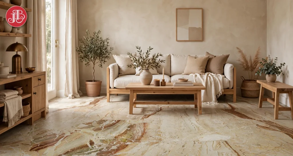Polished Breccia Aurora marble flooring in a living room with timber furniture, cream sofa and bronze accents