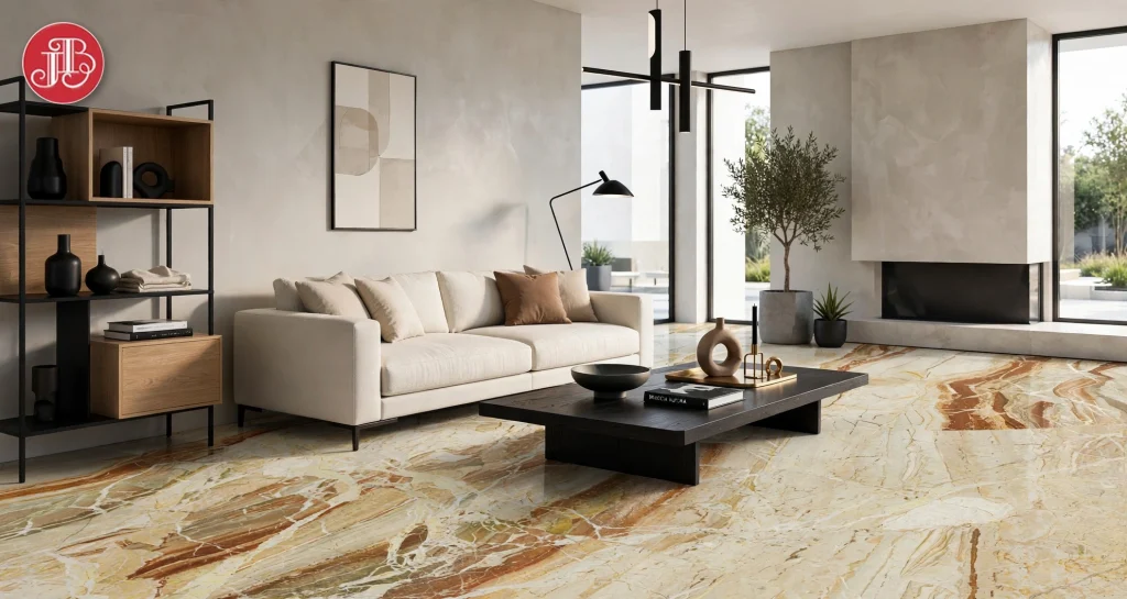 Modern living room with polished Breccia Aurora marble flooring, sleek black furniture and a contemporary fireplace