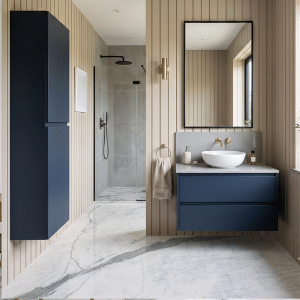 bathroom with statuario flooring